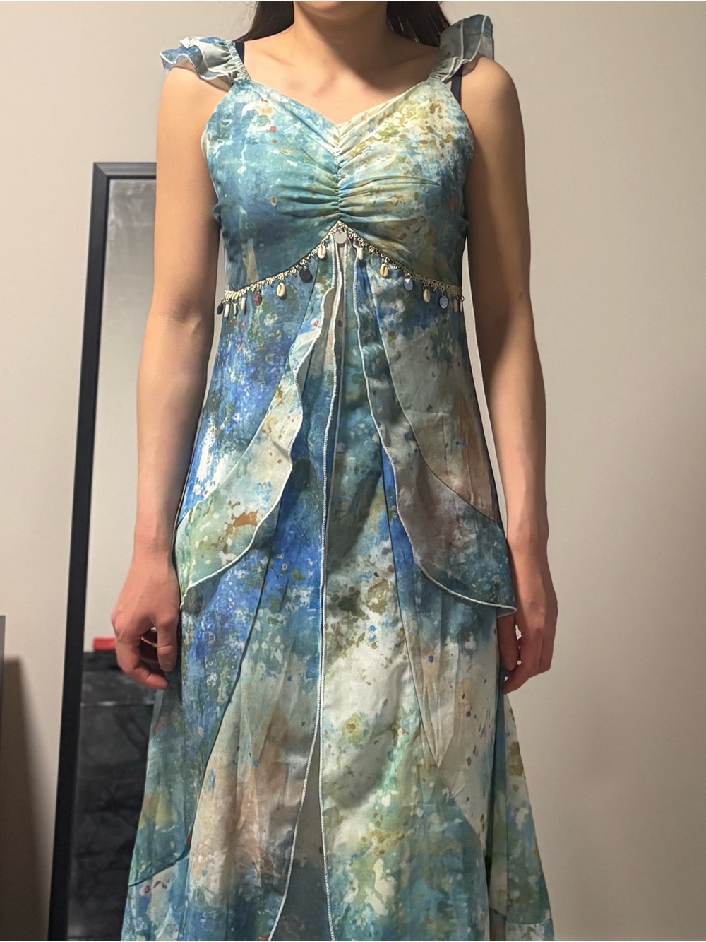 Blue-Green Floral Maxi Dress with beads, shells and sequins details
